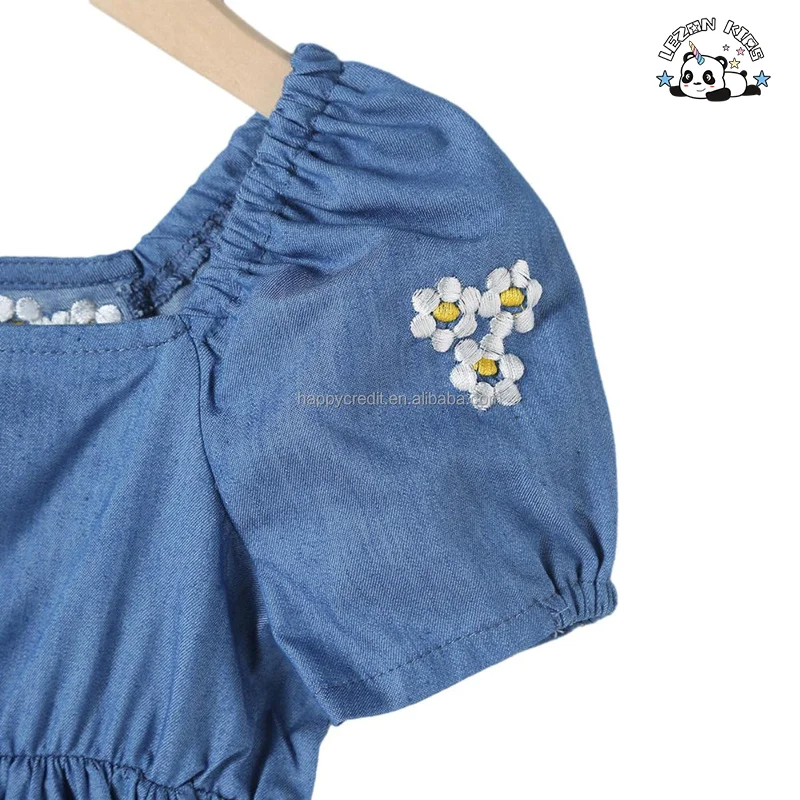 LEZONKIDS - Customizable Summer New Embroidery Bubble Sleeve Flowers Children's Denim Dress Little Girls Dress
